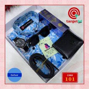 Code 101 আকাশি শার্ট কম্বো সেট, ঘড়ি, মানিব্যাগ, পারফিউম, বেল্ট, চশমা ও চিরকুট