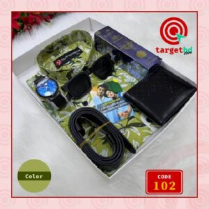 Code 102 জলপাই শার্ট কম্বো সেট, ঘড়ি, মানিব্যাগ, পারফিউম, বেল্ট, চশমা ও চিরকুট