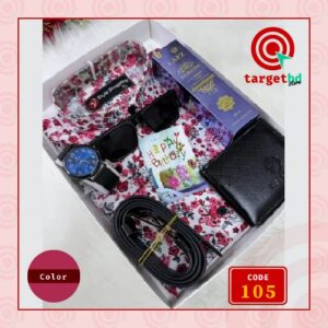 Code 105 লাল শার্ট কম্বো সেট, ঘড়ি, মানিব্যাগ, পারফিউম, বেল্ট, চশমা ও চিরকুট
