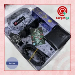 অ্যাশ কালার শার্ট কম্বো সেট, ঘড়ি, মানিব্যাগ, পারফিউম, বেল্ট, চশমা ও চিরকুট